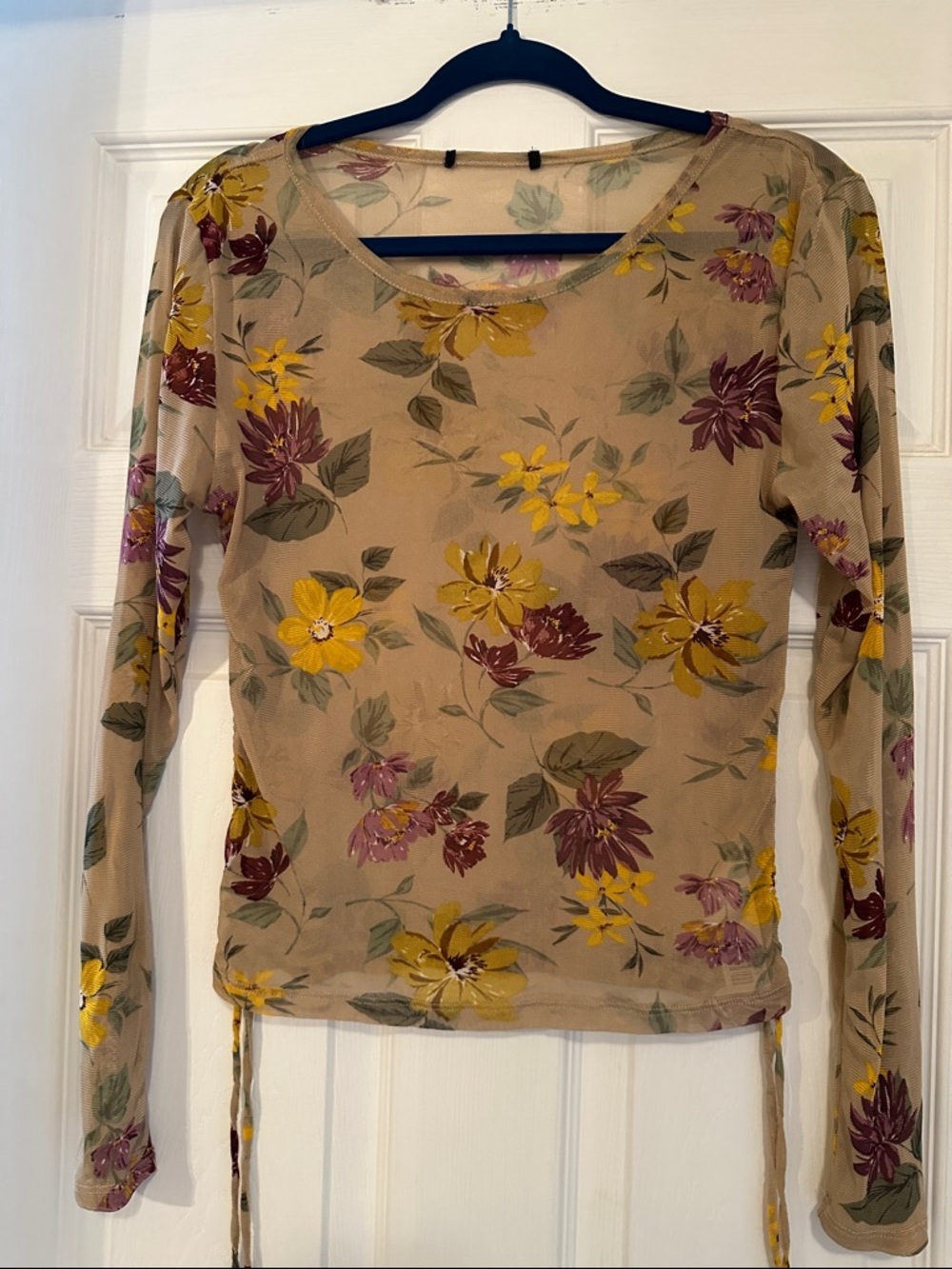 Floral Long-Sleeve Sheer Top in Beige by